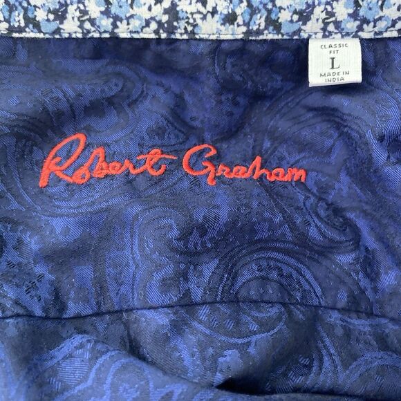 Robert Grahman Mens Large Navy Paisley Button Up Shirt Flip Cuff Short Sleeve - Picture 9 of 10